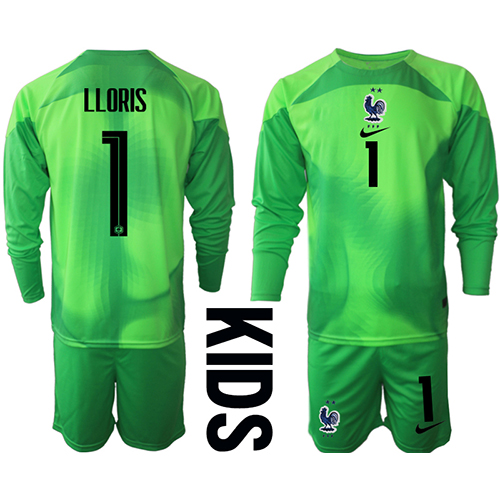 Otroški Nogometni dresi Francija Hugo Lloris #1 Vratar Gostujoči SP 2022 Dolgi Rokav (+ Kratke hlače)